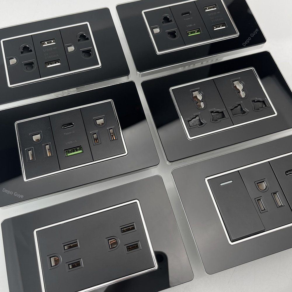 118型暗装黑色玻璃台湾插座/美标开关插座带Type-C墙壁插座面板