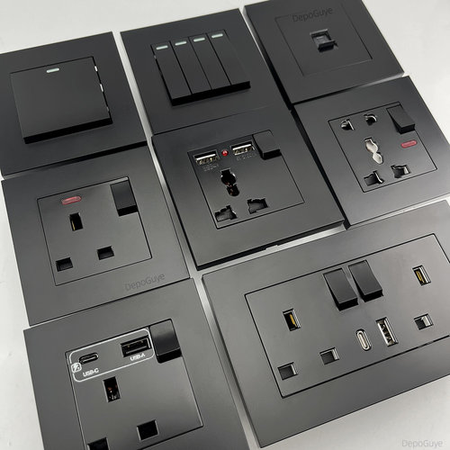 香港13A通用多功能/英标带USB-C快充菲士插开关墙面插座暗装黑色