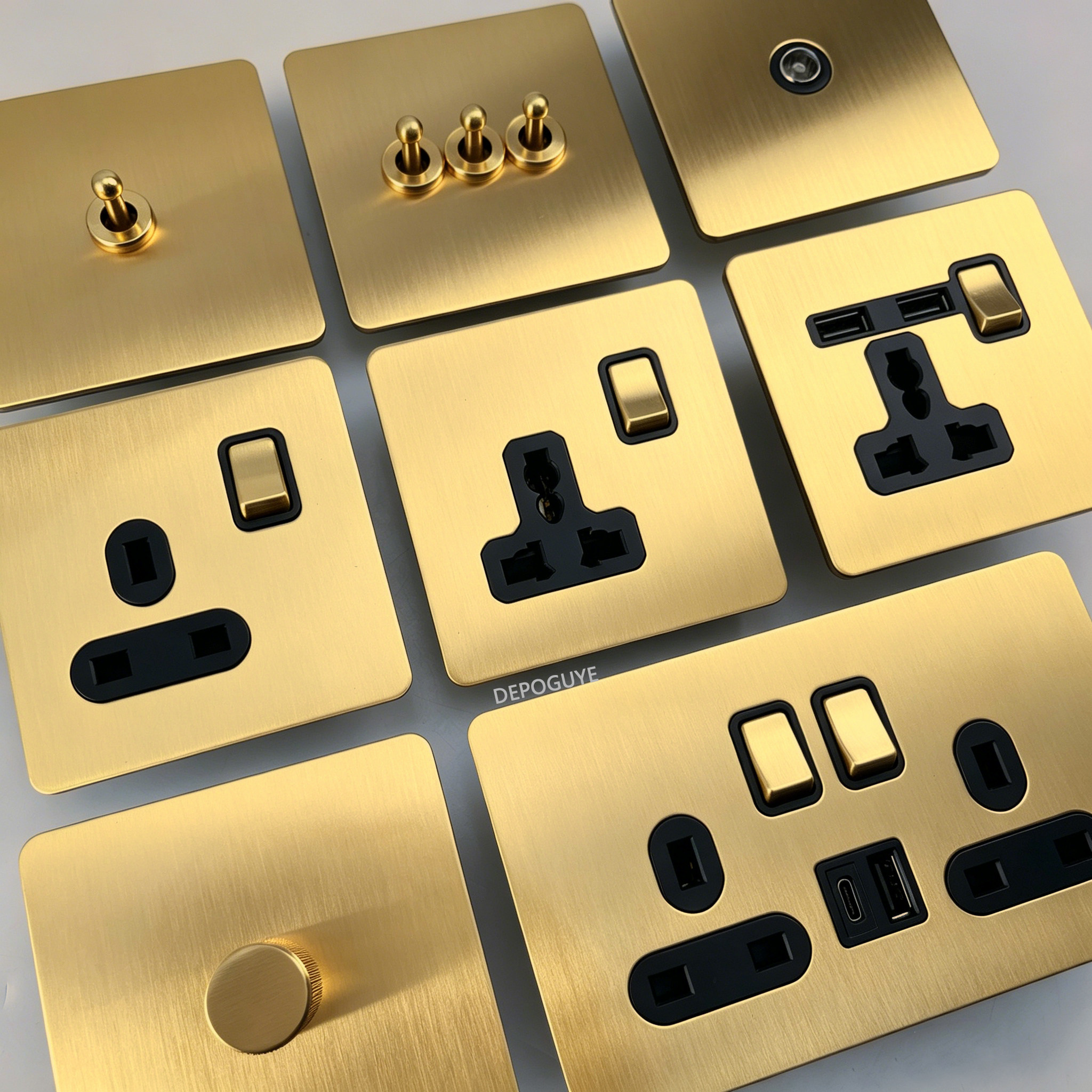 香港马来西亚金色欧式德式复古黄铜拨杆古董双开关插座面板金属