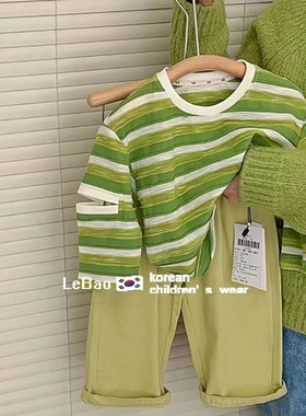 儿童男童2026新款夏季绿色条纹t恤韩版童装帅气百搭男宝休闲套装1