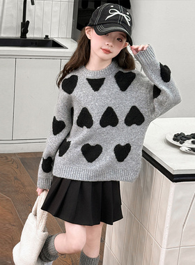 灰色爱心毛衣女童洋气加厚保暖毛衣秋冬款中大童爱心桃撞色拜年服
