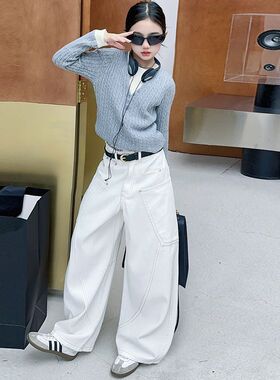 女童阔腿裤2026新款儿童白色阔版牛仔裤休闲大童春秋直筒裤子秋装