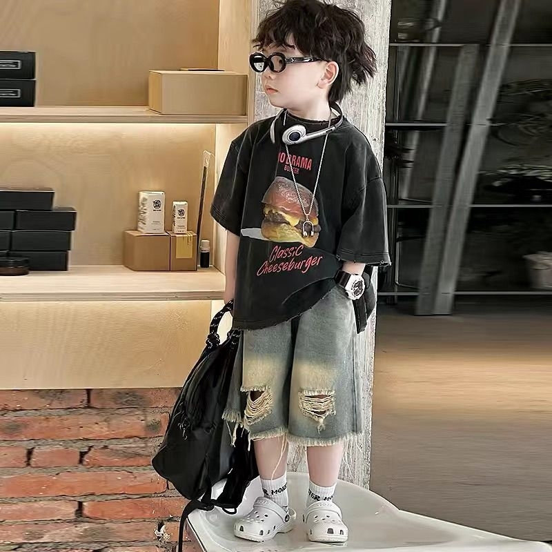 儿童男童夏季套装2026新款短袖破洞韩版牛仔短裤时尚潮流帅两件套