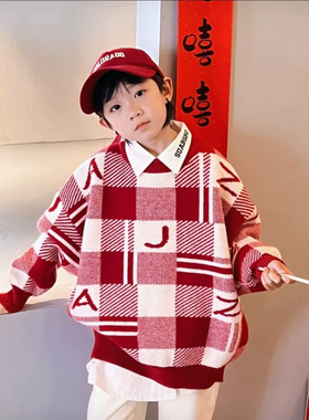 男童毛衣红色新年服儿童方格子拼色提花中大童休闲宽松内搭针织衫