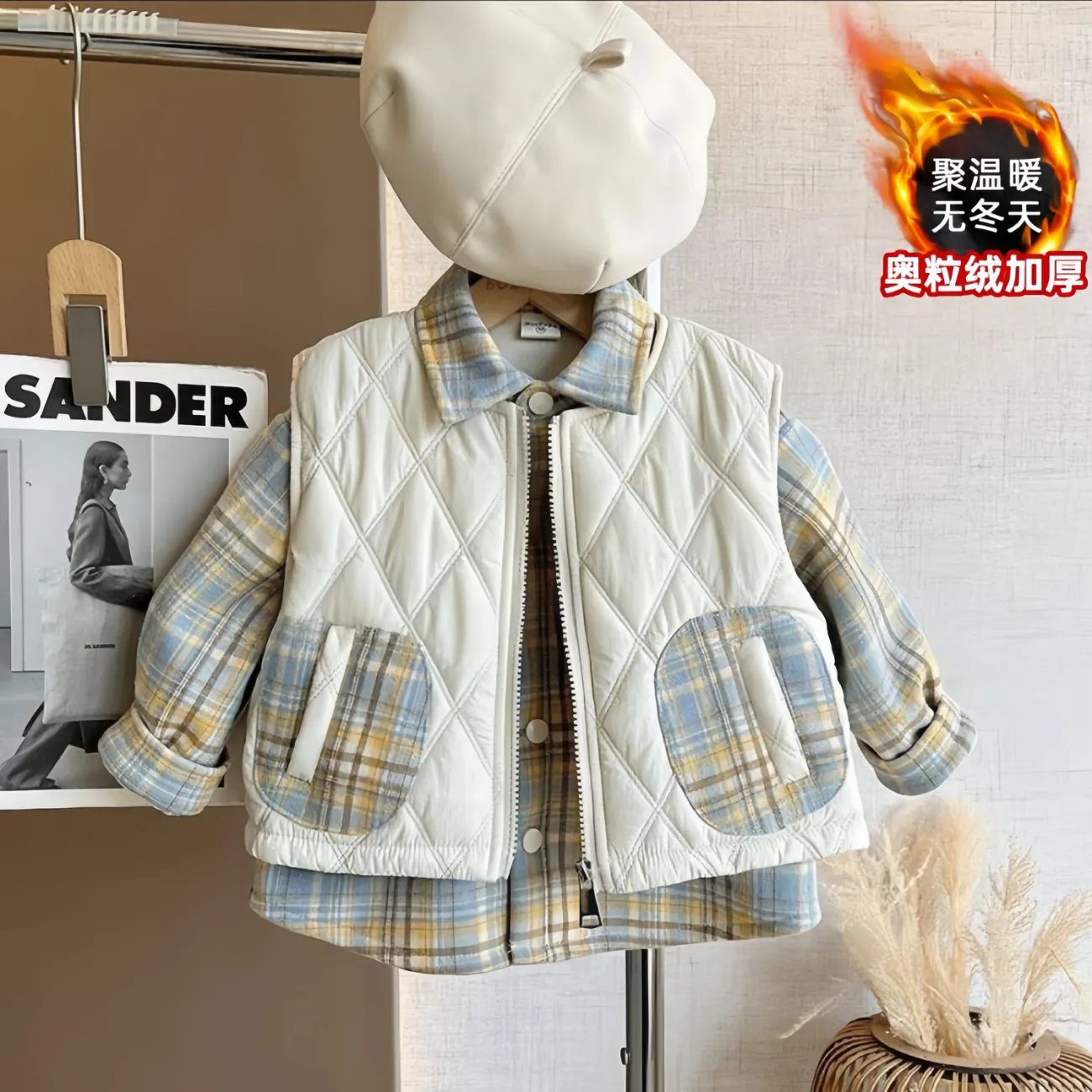 男童夹棉马甲秋冬款2026新款加绒格纹衬衫设计感坎肩外套两件套装