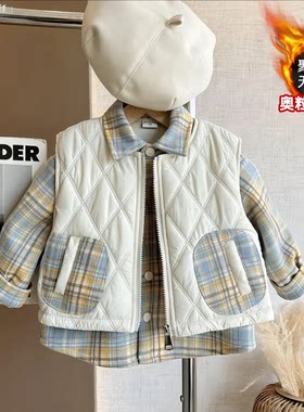男童夹棉马甲秋冬款2026新款加绒格纹衬衫设计感坎肩外套两件套装