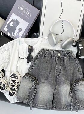 男童时尚夏季扎染工艺白色短袖套装2026新款复古工装牛仔短裤套装