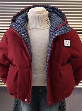 男童加绒棉服外套冬季2026新款红色加厚儿童棉衣棉袄宝宝冬装衣服