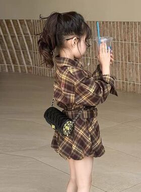 套装女童2026秋季新款复古港风翻领炸街长袖格子衬衫韩系花苞短裤