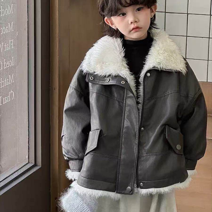 2026秋冬新款儿童棉服PU皮衣立领仿皮草外套男女童中长款保暖大衣