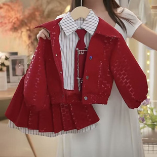 长袖 女宝宝秋季 上衣 百褶短裙 女童皮衣套装 包邮 2025韩系两件套装