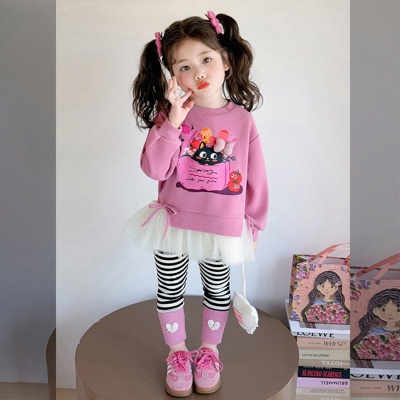 女童卫衣套装秋装新款儿童洋气女孩网纱拼接上衣条纹打底裤两件套,童装/婴儿装/亲子装,套装,淘宝优惠券,粉丝福利购,淘宝优惠卷