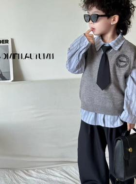 男童秋装学院风套装2026新款儿童蓝色衬衫休闲裤韩系小少爷三件套