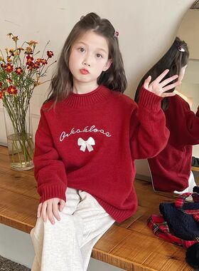 女童毛衣红色新年洋气加厚冬季儿童针织衫秋冬安可拉红女童拜年服