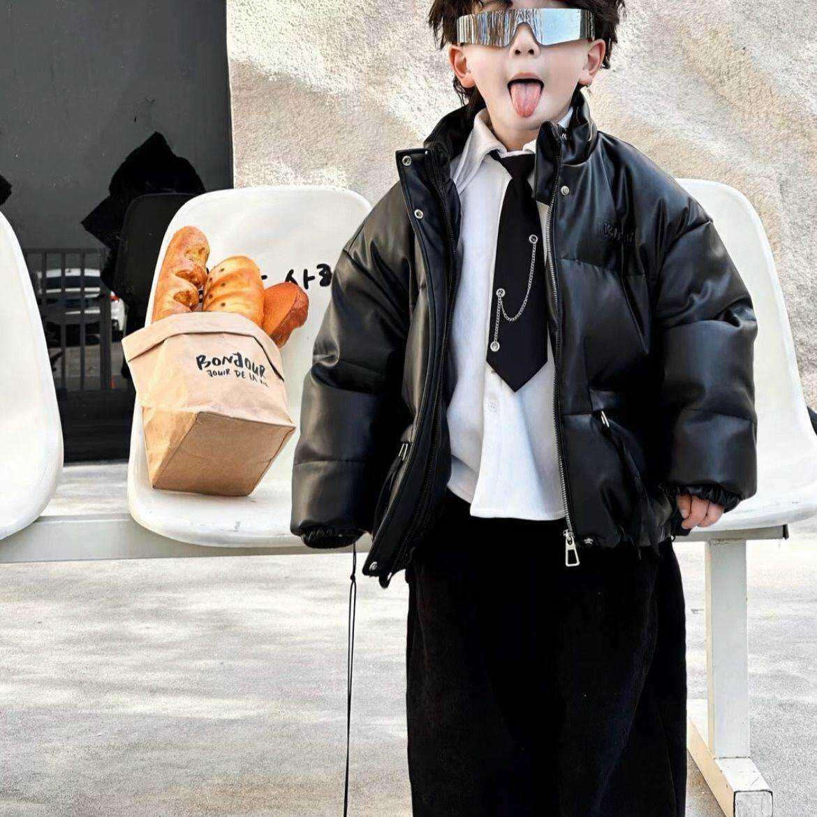 男童冬装加厚PU皮棉服2024新款韩系痞帅超酷机车服男宝短款棉衣潮