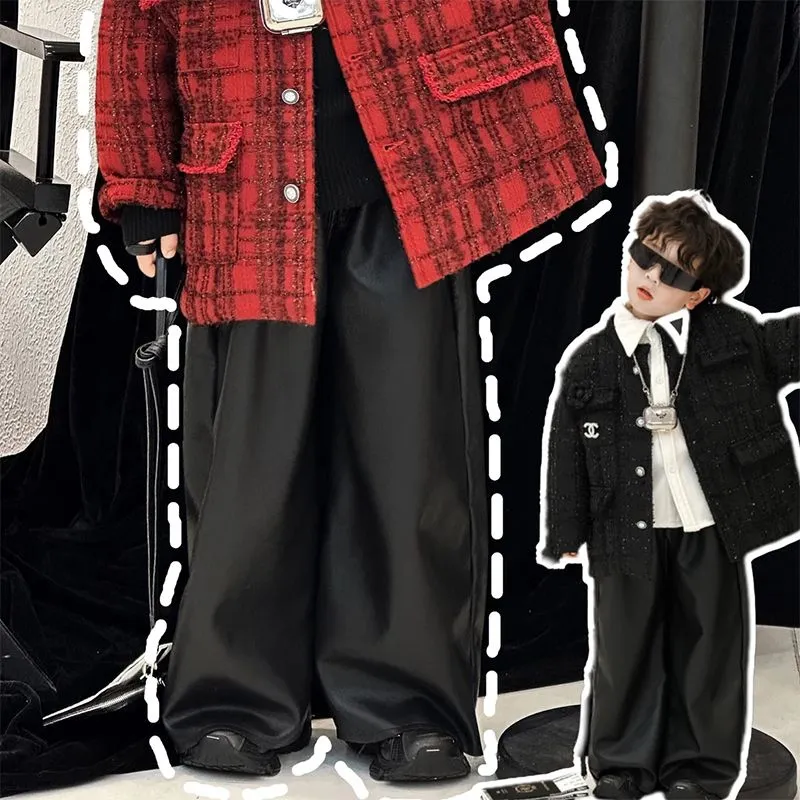 男童宝宝百搭黑色pu皮裤2025新款儿童秋冬长裤子大中小童阔腿休闲