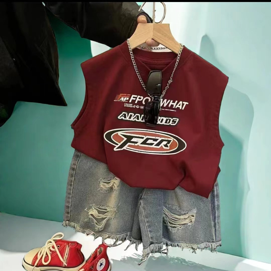 男童2026夏季新款韩版宽松套装字母印花潮流上衣破洞牛仔短裤炸街