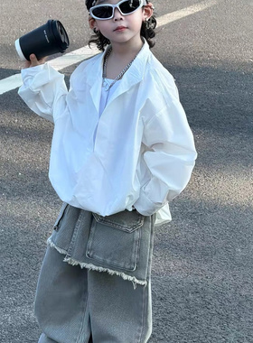 男童套装2026春秋款韩版假两件衬衫灰色牛仔裤洋气帅气中大童潮酷