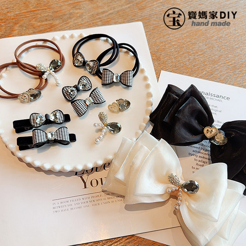 法式复古K9水晶千鸟格蝴蝶结C扣宝妈家手工diy发饰材料发圈配件女