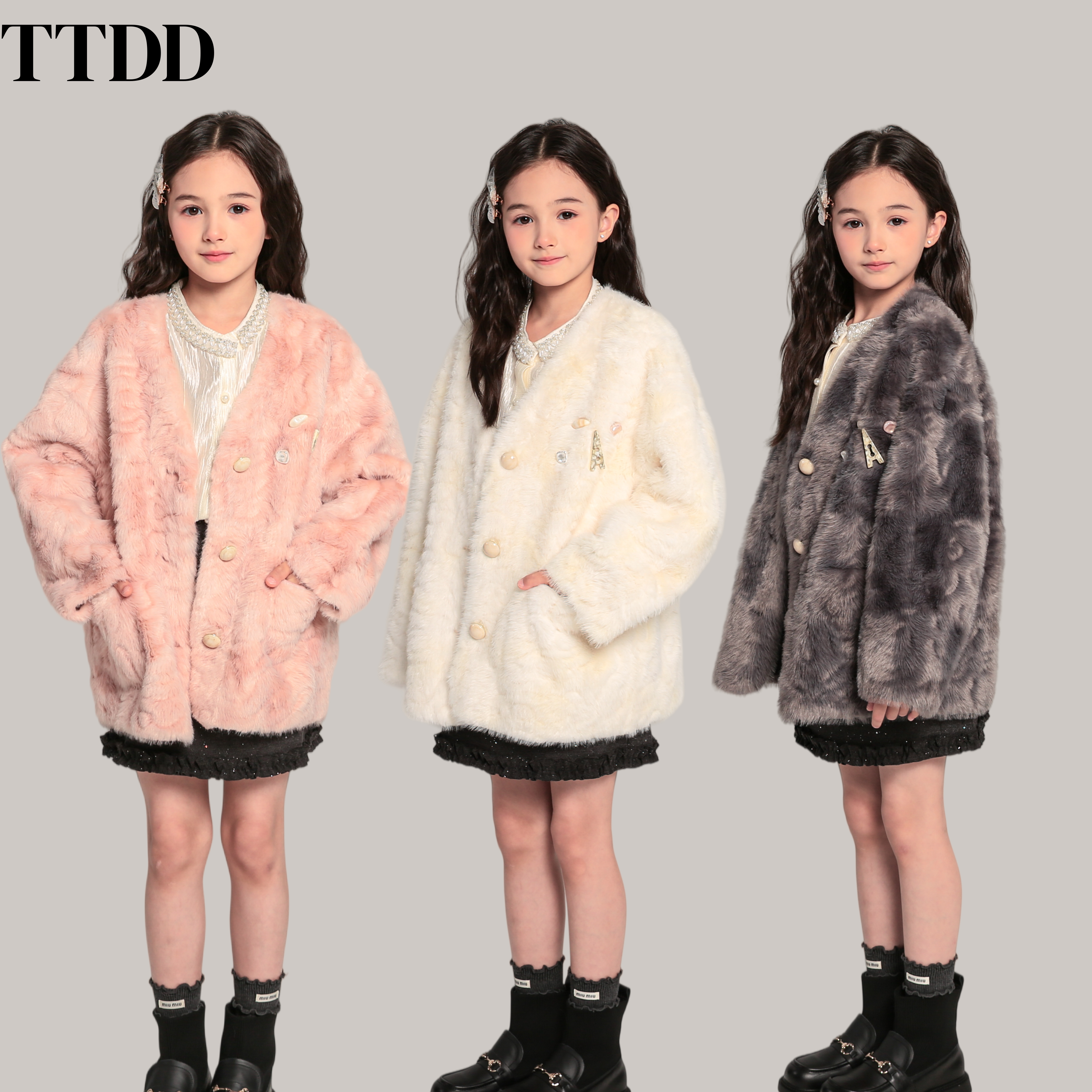 TTDD儿童皮草外套秋冬新款短款女孩女童精仿卡拉库羊毛环保毛加厚