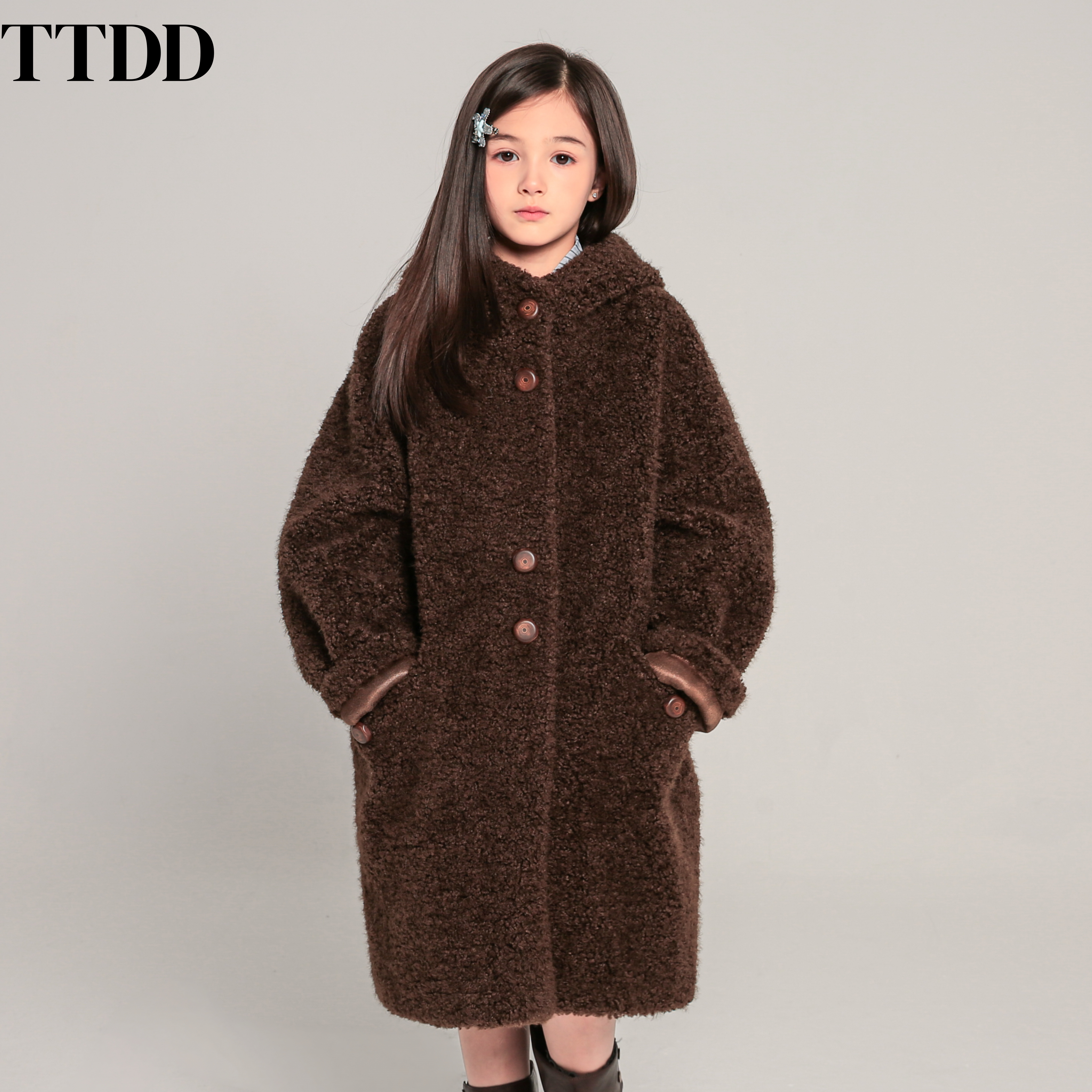 TTDD儿童皮草连帽外套泰迪秋冬新款女孩女童精仿羊羔毛环保毛长款