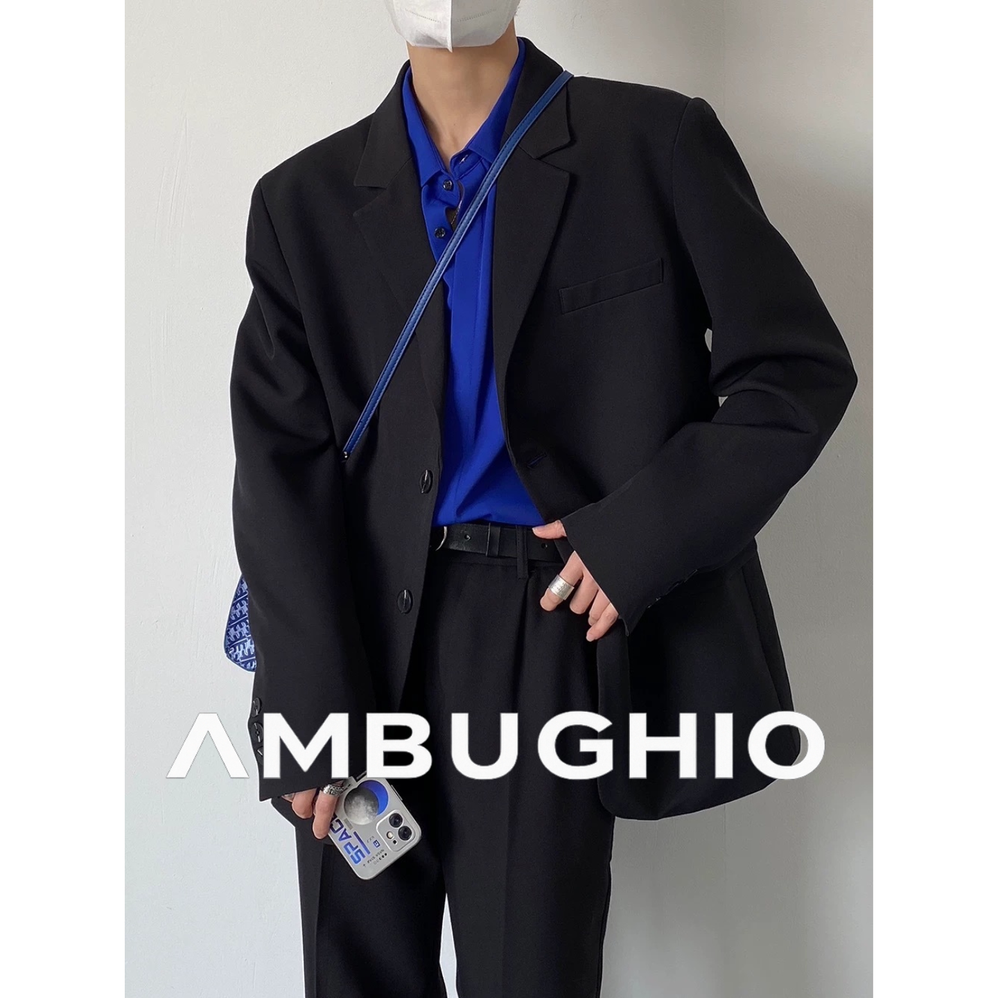 AMBUGHIO法式设计感简约黑色西装外套男士宽松潮流垂感气质西服