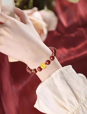 黄金莲花手链朱砂手串女款正品转运珠足金999送妈妈母亲节礼物