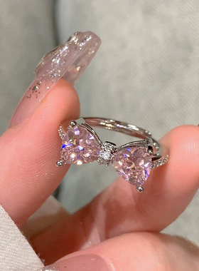 轻奢粉钻蝴蝶结戒指女小众设计感粉色爱心食指戒时尚开口指环批发