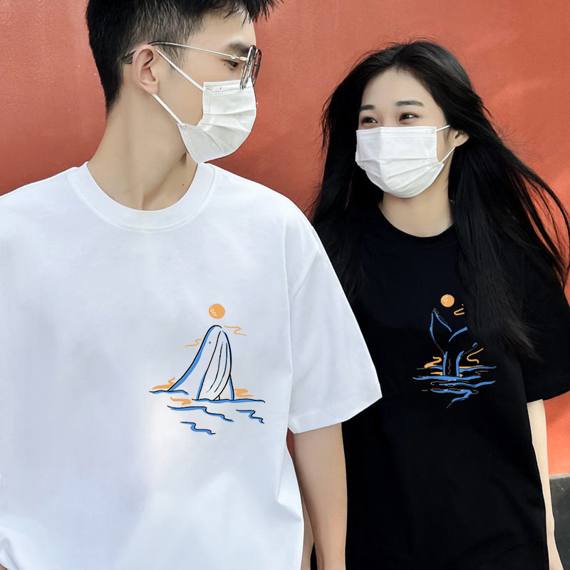 新款夏装diy情侣装T恤鲸落创意印花宽松纯棉男女学生短袖国潮鲸鱼