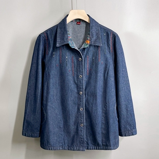 中老年人衬衫女中袖纯棉上衣老太太春秋薄外套妈妈七分袖牛仔衬衣