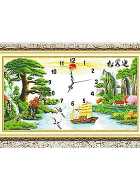 钻石绣2024年新款满钻贴钻十字绣钻石画钟迎客松山水风景点钻画创