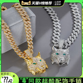 欧美立体动物狼头吊坠镶钻个性 滴油嘻哈说唱风达人男女古巴链项链