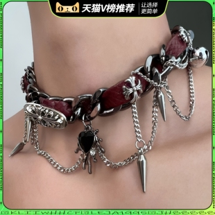 chocker缠绕铆钉金属皮革项圈克罗朋克爱心少女y2k亚文化小众项链