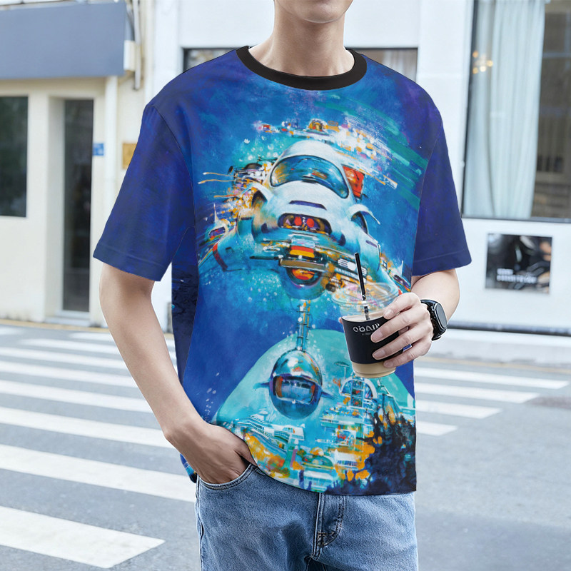星球战舰印花T恤男士夏季透气凉感宽松短袖复古未来风个性上衣