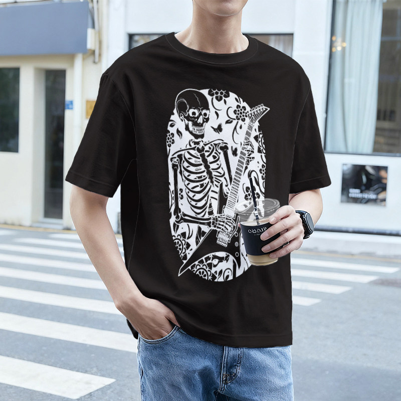 夏季男士短袖T恤骷髅电吉他印花透气凉感宽松大码半袖男装上衣