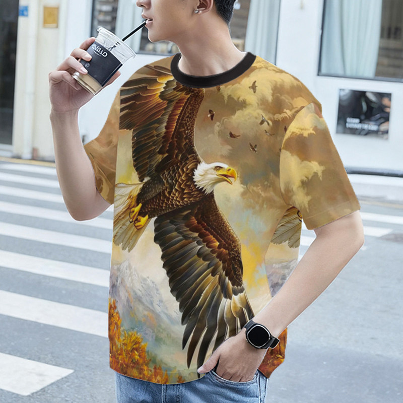 美式潮牌夏季新款休闲透气短袖T恤男士老鹰印花凉感速干男装上衣