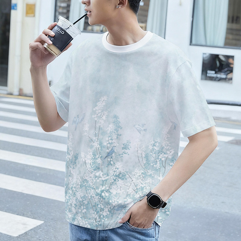 文艺清新水墨短袖T恤男装夏季凉感透气宽松新中式国风百搭男士T恤