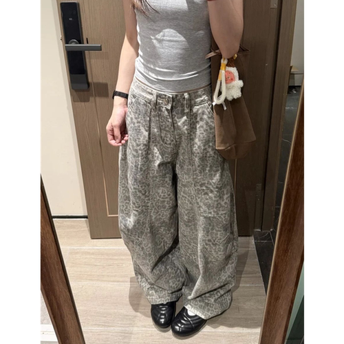 小个子豹纹高腰阔腿显瘦牛仔裤