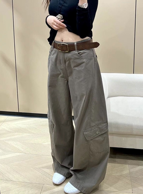 潮酷多口袋工装风弯刀牛仔裤女小个子辣妹百搭宽松显瘦阔腿休闲裤