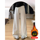 小个子加厚保暖宽松显瘦遮肉阔腿裤 白色休闲加绒弯刀牛仔裤 女冬季