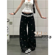 黑色蕾丝拼接阔腿牛仔裤女小个子辣妹高腰宽松显瘦直筒拖地休闲裤