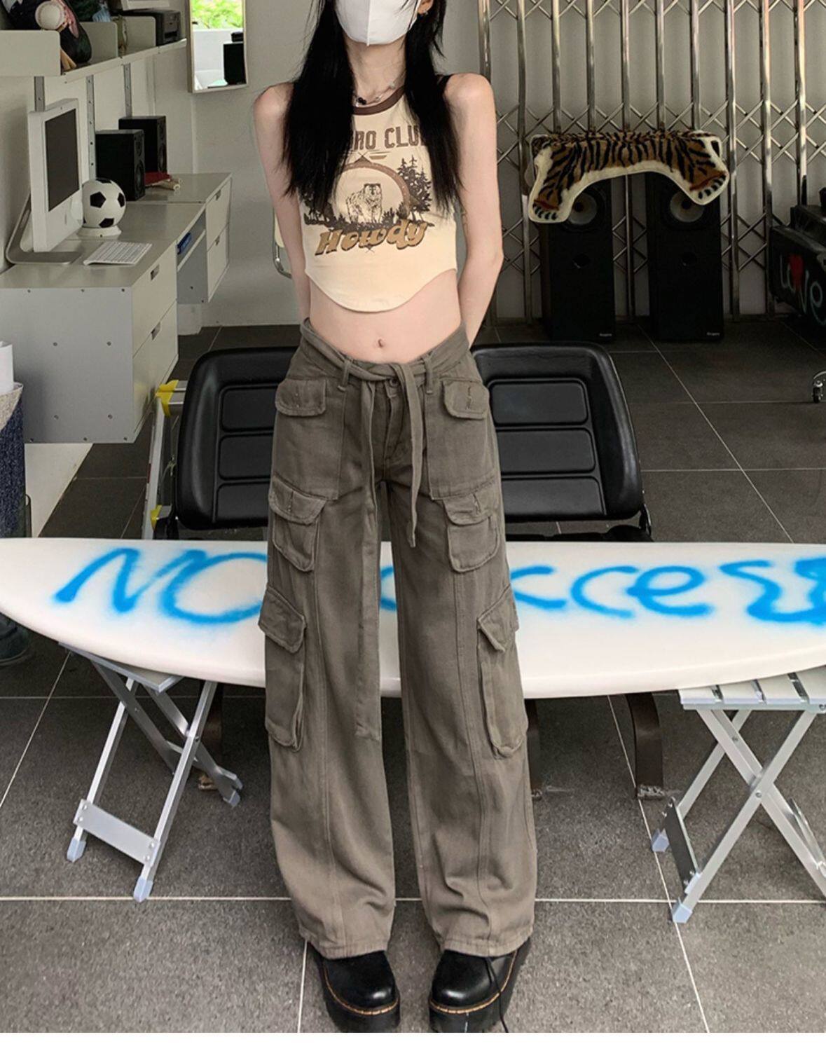 AMERICAN-STYLE SMALL TOOLING JEANS FEMALE HOT GIRL TRENDY BRAND DESIGN HIGH WAIST LOOSE AND THIN WIDE-LEG CASUAL TROUSERS