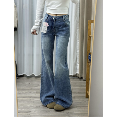 蓝色折痕低腰显高显瘦牛仔阔腿裤