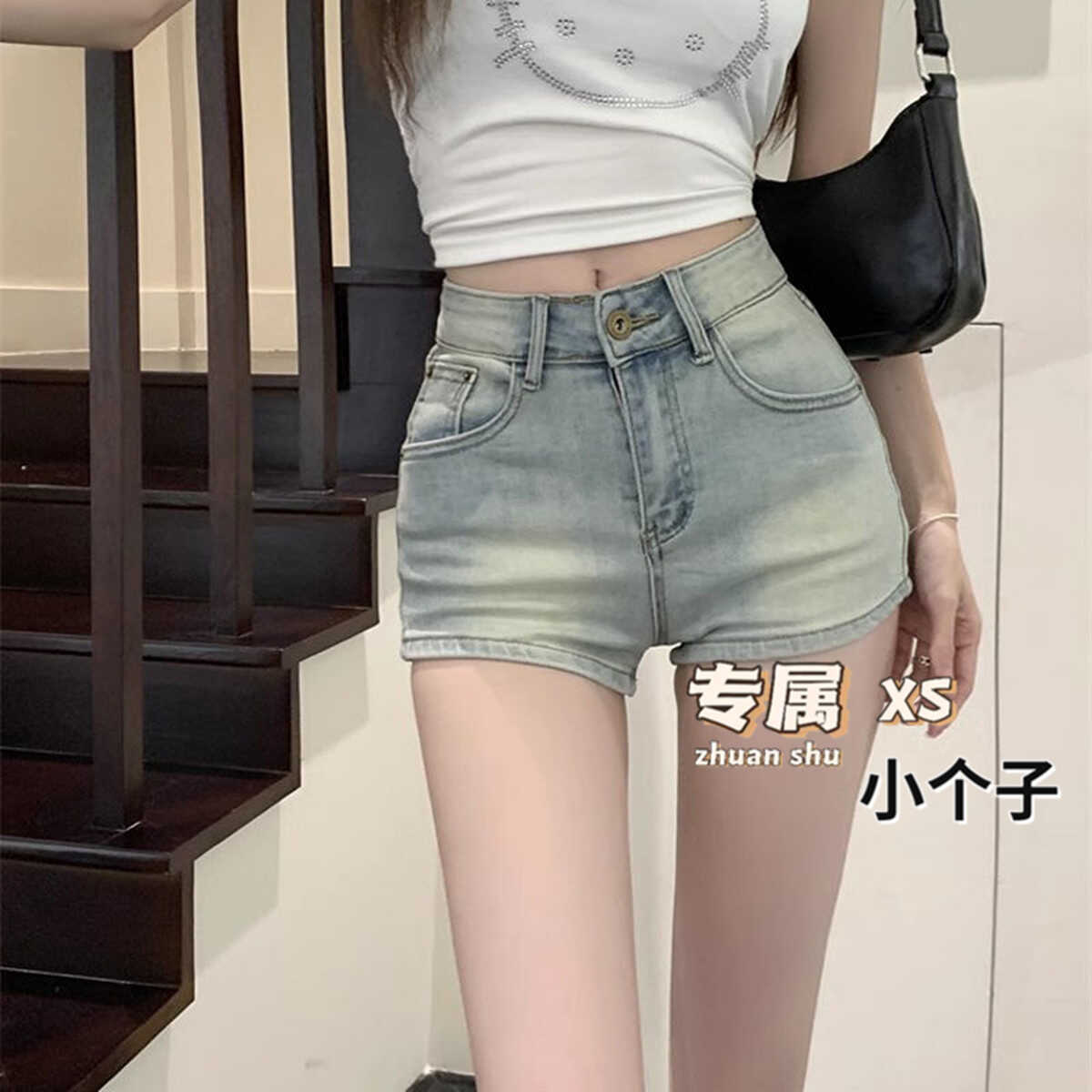 复古做旧浅色牛仔短裤女夏季小个子高腰弹力修身显瘦超短直筒热裤