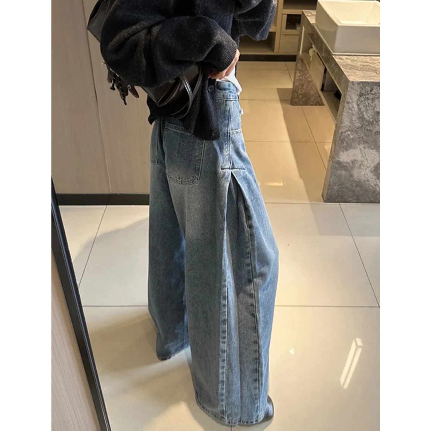 港味都市风褶皱大裤腿牛仔裤女150小个子高腰宽松遮肉显瘦阔腿裤