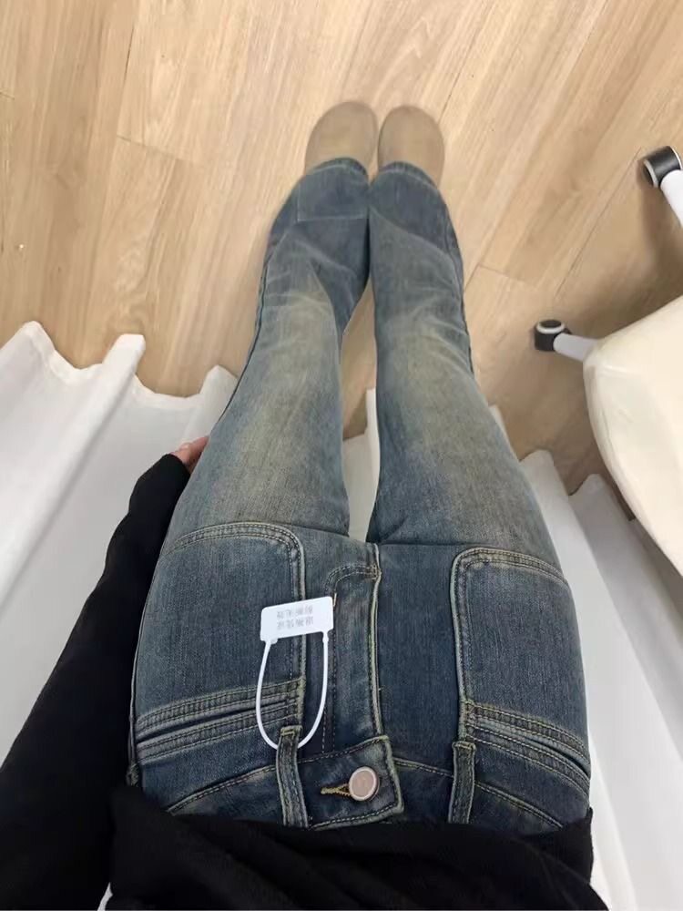 FLEECE THICKENED CEMENT GRAY MICRO FLARE JEANS SMALL WOMEN CROPPED STRETCH HIGH-WAISTED SLIM SKINNY HORSESHOE PANTS