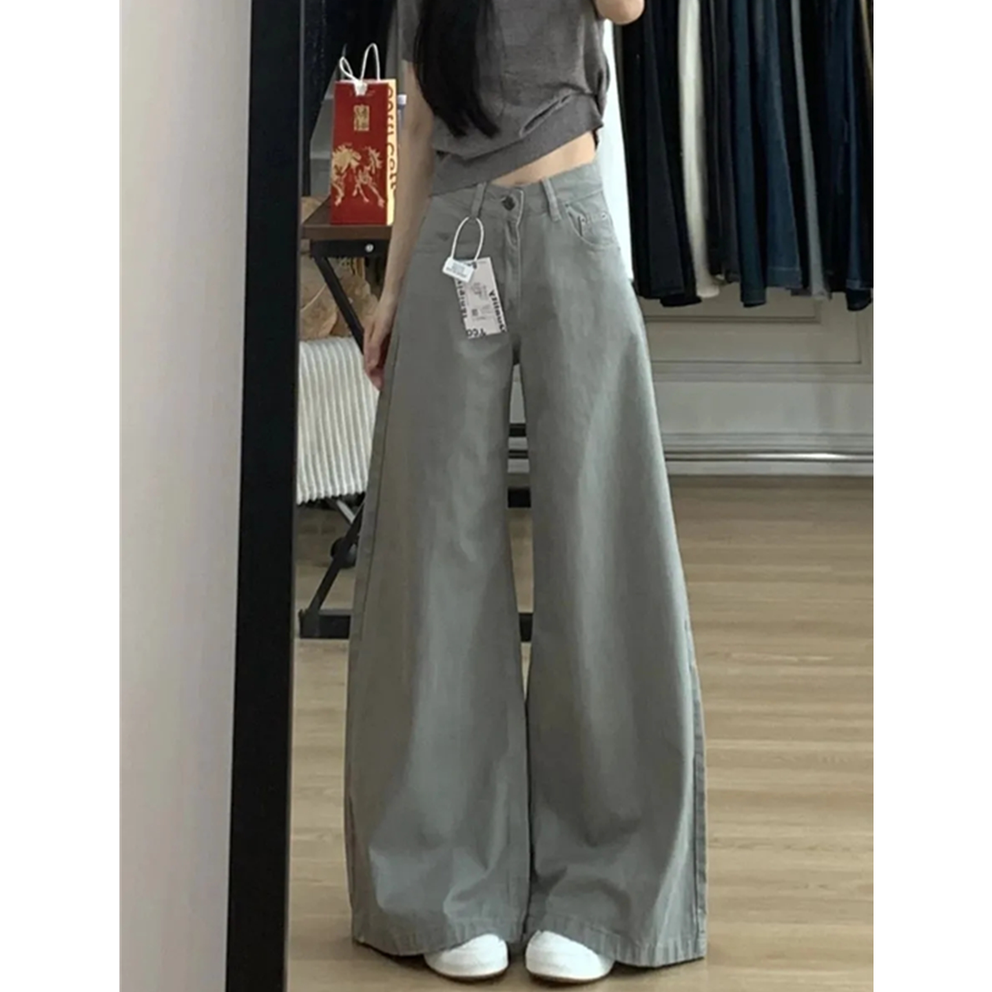 都市通勤风水洗灰色阔腿牛仔裤女宽松显高显瘦小个子直筒休闲长裤