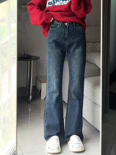 复古宽松微喇叭梨形遮跨显瘦百搭牛仔阔腿长裤 150XS码 小个子美式