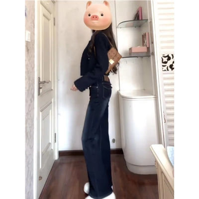 美式辣妹低腰微喇叭牛仔裤小个子