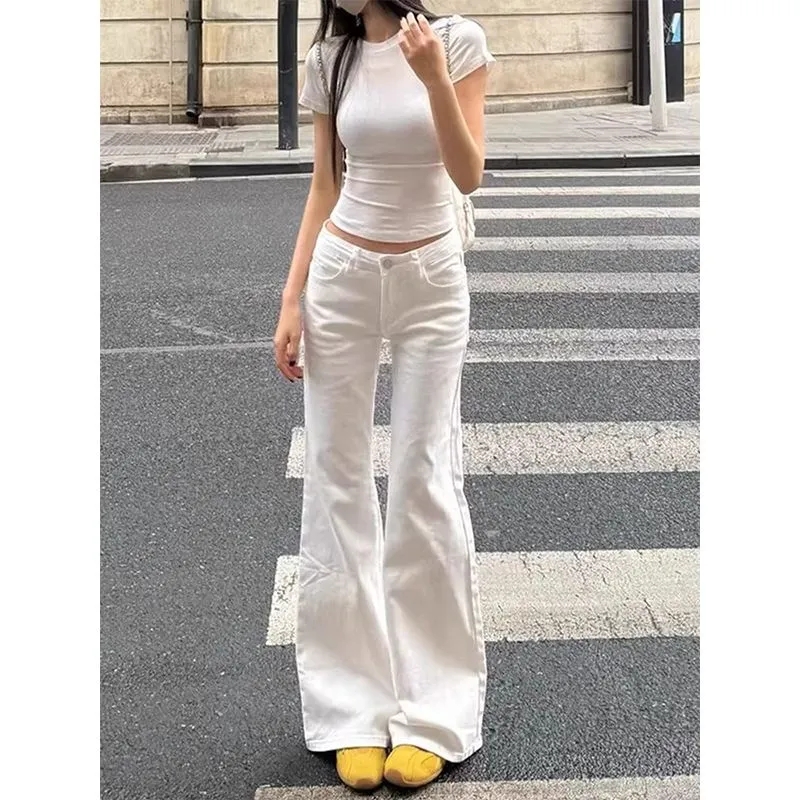 白色低腰微喇叭牛仔裤女小个子